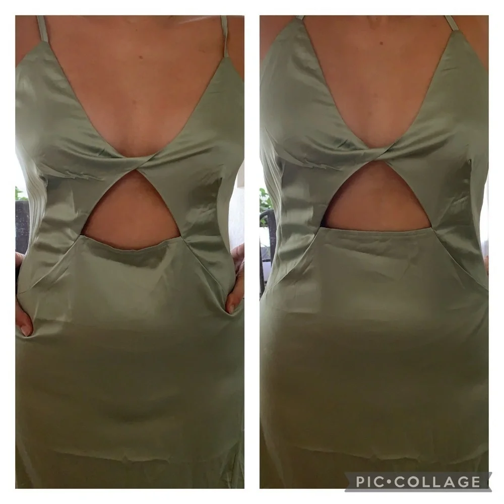 NWT Olive, mossy maxi slip dress, spaghetti strap deep V Neck thigh slit hem - Picture 6 of 12
